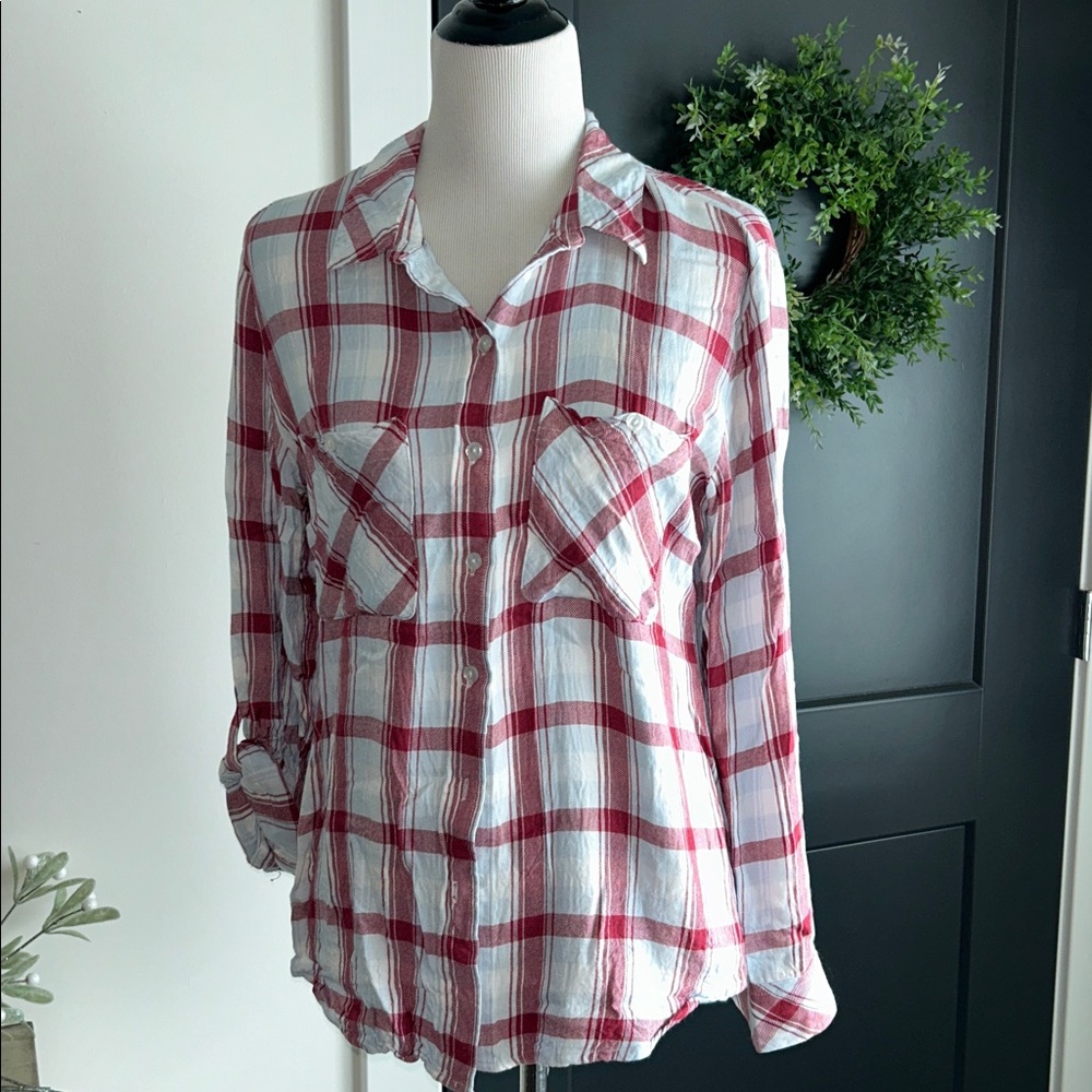 Sanctuary L Red light blue and White Plaid Button-Up rayon casual  Shirt - Picture 2 of 9